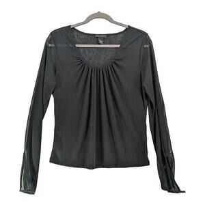 The Limited Sheer Blouse M Black Pleated Long Open Sleeve Crew Neck Shirt Office